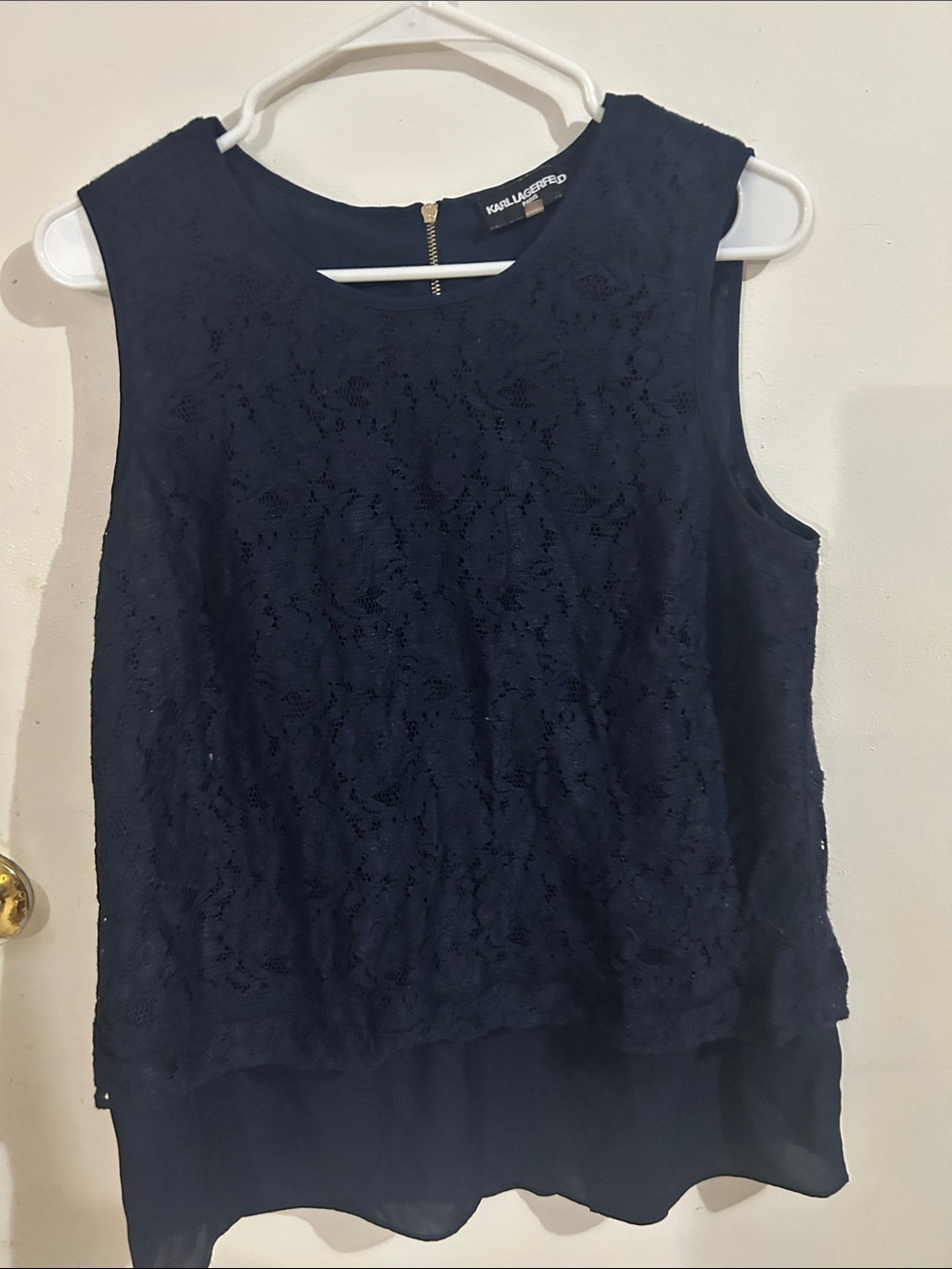 Karl Lagerfeld Navy Lace Overlay Chiffon Trim Sleeveless Top